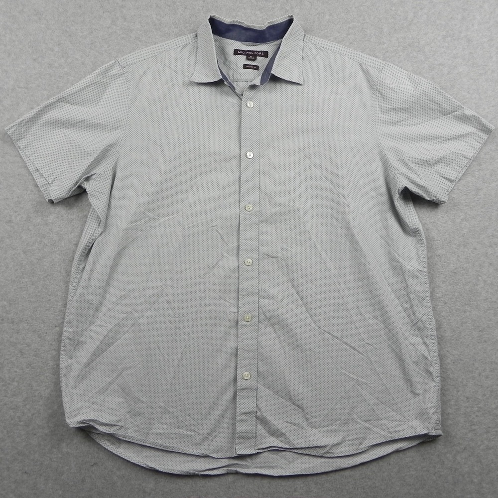 Michael Kors Shirt Mens XL Tailored Fit Casual Button Up Gray Blue Short Sleeve